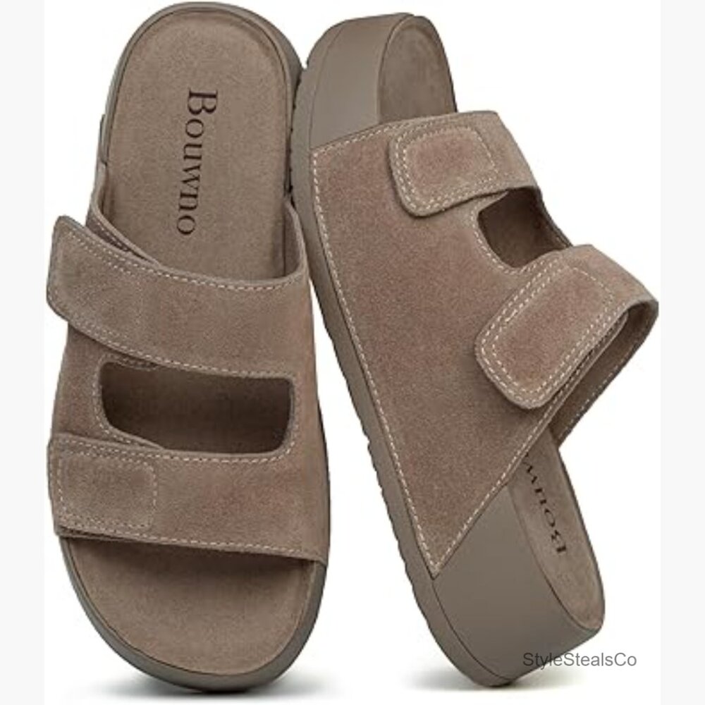 Genuine Suede Platform Sandals Adjustable Straps Memory Foam Insole Beach Slides